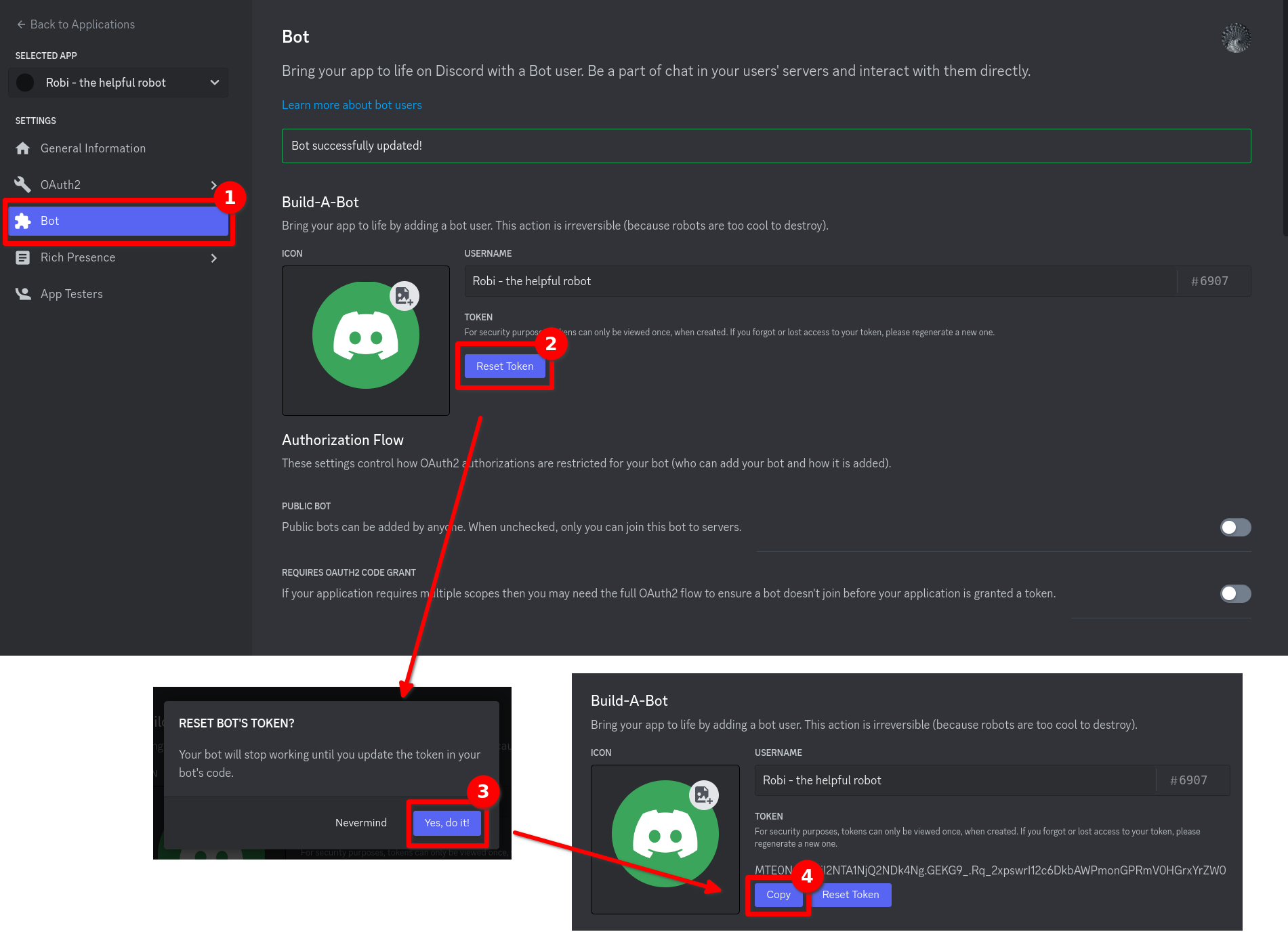 This screenshot shows how to generate and copy the Bot Secret