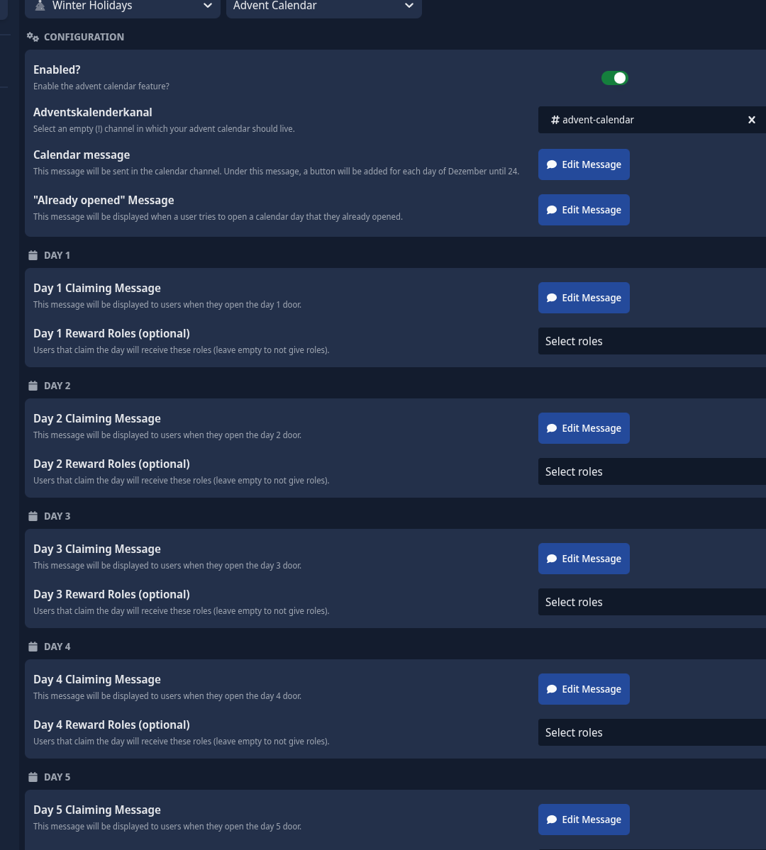 Screenshot mit den Konfigurationsoptionen für das Modul "Winter Holidays" auf scnx.app