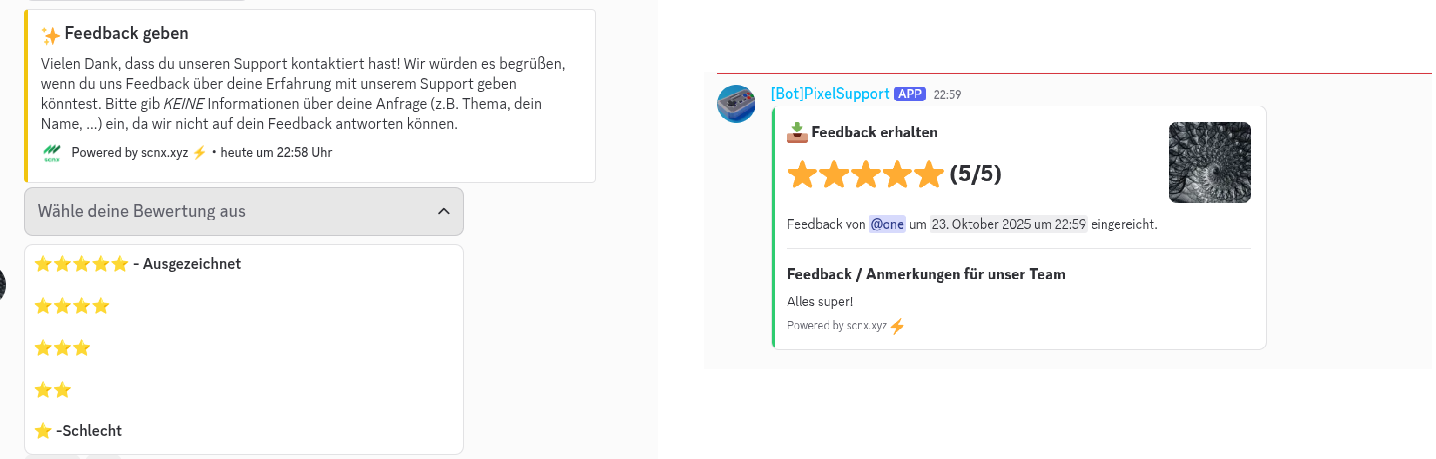 Ein Screenshot, der zeigt, wie Benutzer Bewertungen abgeben können und wie Bewertungsnachrichten an einen Team-Kanal gesendet werden