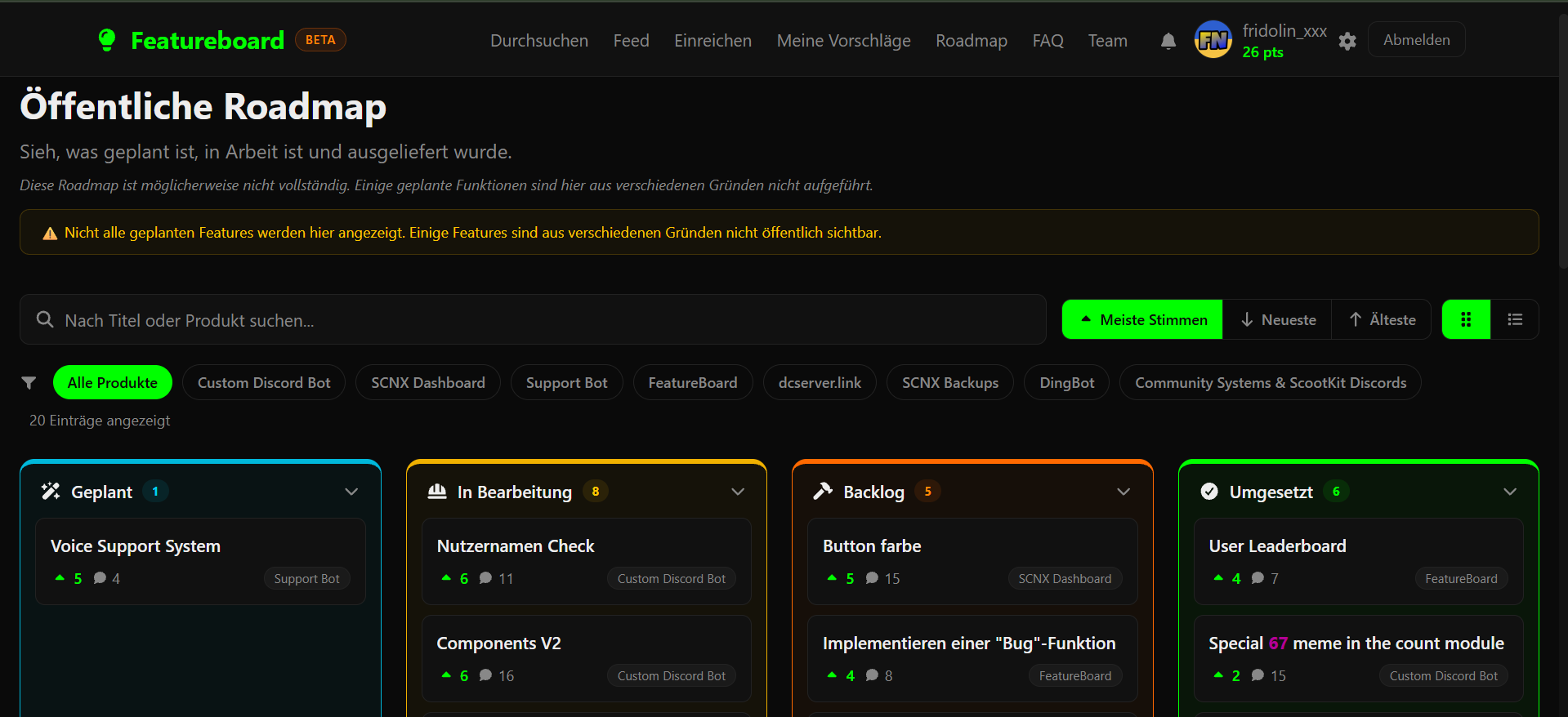 Screenshot, der die Roadmap von Featureboard zeigt